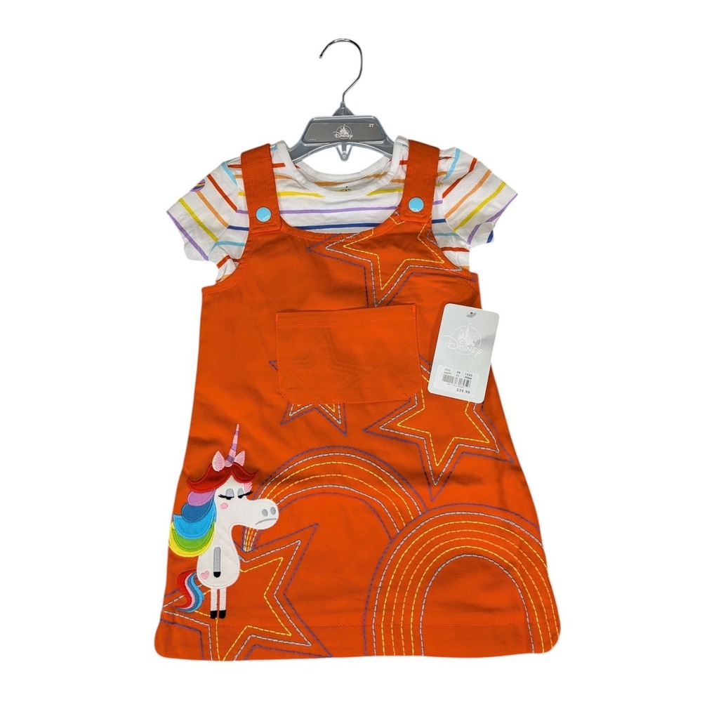 Disney Toddler Girls 2T Orange Unicorn Rainbow Jumper Dress and Shirt Set NWT